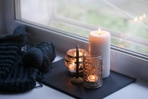 istock Candle and aroma stick on windowsill. Concept of relax, tranquil, peaceful, unplug, balanced time, Keep kalm and take it easy, knit leisure, meditation zen background 1164140546