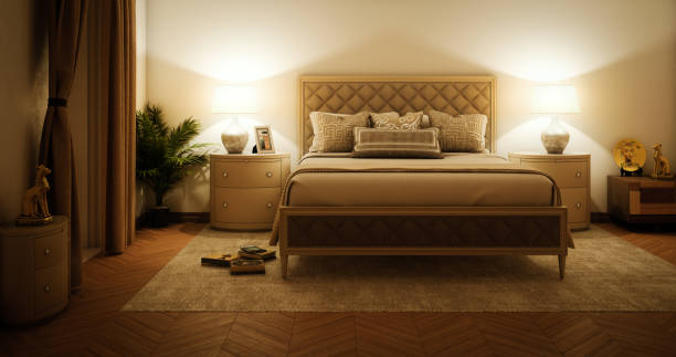 интерьер главной спальни - cozy bedside стоковые фото и изображения