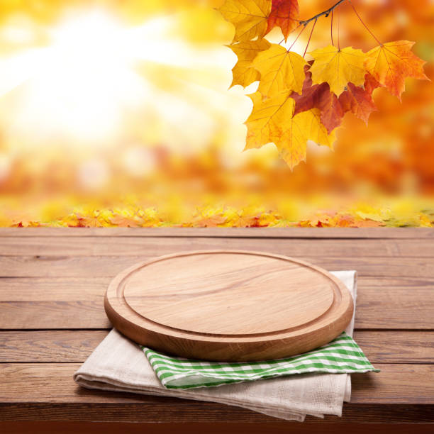 istock Board for pizza and tablecloth on autumn background. Canvas, dish towels onautumn background top view mock up. Selective focus. 1164141547