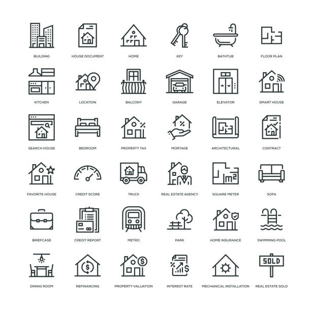 ilustraciones, imágenes clip art, dibujos animados e iconos de stock de conjunto de iconos inmobiliarios - examining built structure house industrial