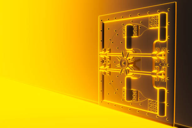 istock Front view of light gold bank vault door, closed. 3D Render 1164144367