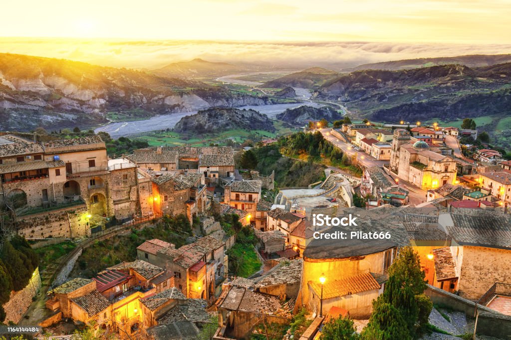 Ragusa, Sicily Sunrise over old famous medieval village Stilo in Calabria. View on city and valley. Southern Italy. Europe. Calabria Stock Photo