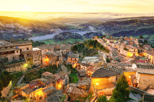 Ragusa, Sicily Sunrise over old famous medieval village Stilo in Calabria. View on city and valley. Southern Italy. Europe. medieval photos stock pictures, royalty-free photos & images