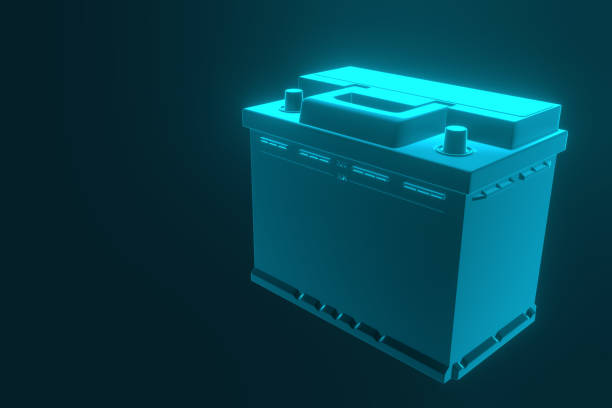 3d-rendering. auto-batterie auf blauem hintergrund. - 12v stock-fotos und bilder