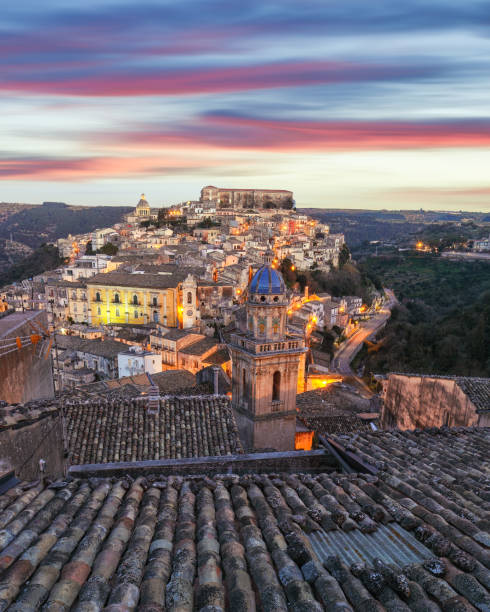 Ragusa, Sicily Sunset  at the old baroque town of Ragusa Ibla in Sicily. Historic center called Ibla builded in late Baroque Style. Ragusa, Sicily, Italy, Europe. noto sicily stock pictures, royalty-free photos & images