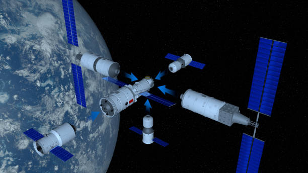 istock TIANGONG 3 - Chinese space station modules with blue arrows pointing the direction of coupling to the TIANHE core module with the planet Earth behind on black space with stars background. 3D Illustration 1164146045