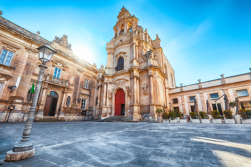 Architectural details of San Giuseppe church. Historic center builded in late Baroque Style. Ragusa, Sicily, Italy, Europe.