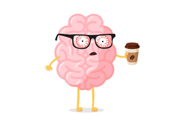 illustrations, cliparts, dessins animés et icônes de fatigue fatiguée mauvaise émotion caractère mignon de cerveau humain de dessin animé avec la tasse chaude de café. organe du système nerveux central se réveiller mauvais lundi matin concept drôle. illustration de vecteur - caffeine