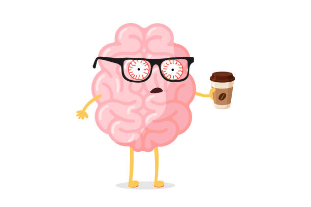 усталая усталость плохие эмоции милый мультипликационный человеческий мозг персонажа с горячей чашкой кофе. центральная нервная система � - кофеин stock illustrations
