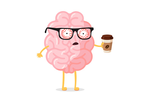Tired fatigue bad emotion cute cartoon human brain character with hot coffee cup. Central nervous system organ wake up bad monday morning funny concept. Vector illustration