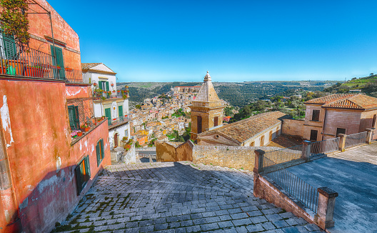 Sunrise  at the old baroque town of Ragusa Ibla in Sicily. Ragusa Ibla cityscape at day in Val di Noto. Ragusa, Sicily, Italy, Europe.