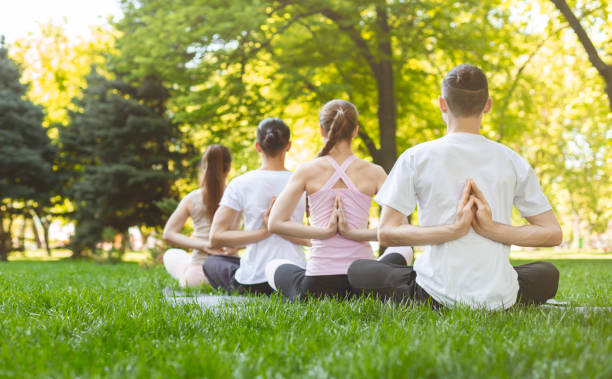 istock Back view of young people making asana exercises 1164149827