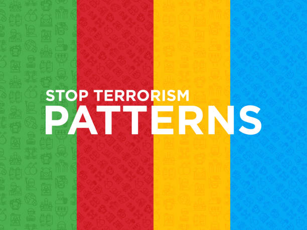 ilustraciones, imágenes clip art, dibujos animados e iconos de stock de cuatro patrones diferentes stop terrorism seamless con iconos de línea delgada: terrorista, desorden civil, ejército nacional, rehén, bombas, ataques cibernéticos, suicidio. ilustración vectorial moderna. - computer icon symbol knife terrorism