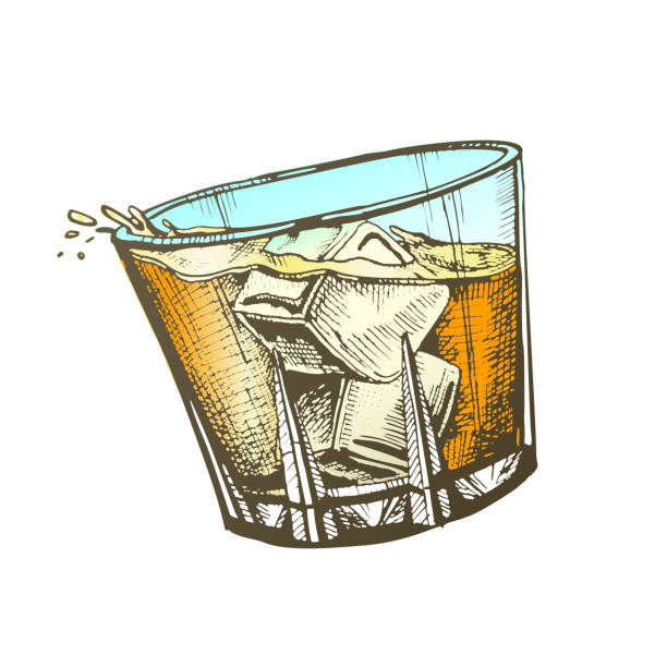Color Design Glass With Whisky And Ice Cubes Vector Design Glass With Whisky And Ice Cubes Vector. Hand Drawn Glass With Cold Irish Booze Distilled And Aging In Wooden Barrel. Mug Alcoholic Drink And Splash Template Color Illustration bourbon barrel stock illustrations