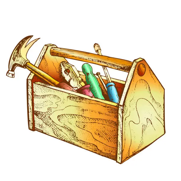 Vector illustration of Color Vintage Wooden Toolbox With Old Instrument Vector