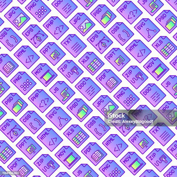 File Formats Seamless Pattern With Thin Line Icons Doc Pdf Php Html Jpg Png Txt Mov Eps Zip Css Js Modern Vector Illustration For Background Stock Illustration - Download Image Now