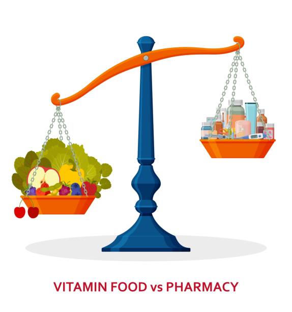 istock Healthy food and medicines on balanced scale. Healthy lifestyle concept. Vector illustration. 1164158092
