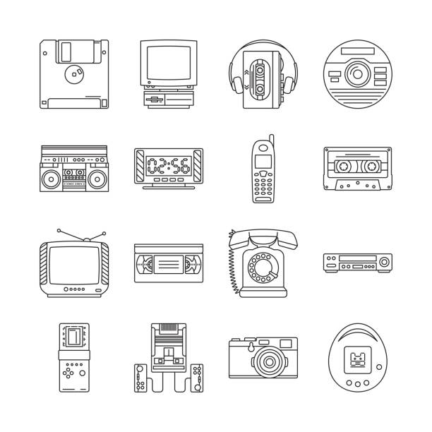 illustrations, cliparts, dessins animés et icônes de graphismes linéaires avec des gadgets des années 90. appareils rétro avec lecteur de cassette audio, tetris, console de jeu, ets. illustration de vecteur. - personal cassette player