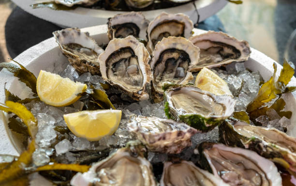 istock Fresh oyster with cut juicy lemon on a white plate 1164161778