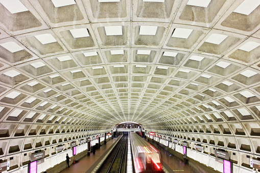 The Washington Metro rapid transit system opened in 1976. Its six lines and 91 stations serve the District of Columbia and parts of Maryland and Virginia. It operates as a subway in the densely populated Washington DC area. It is the third busiest public transportation system in the United States.