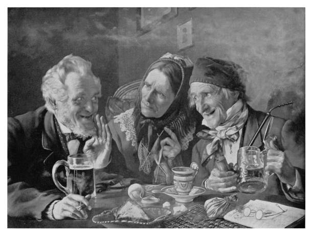 Pub Gossip Pub Gossip - Scanned 1894 Engraving old ladies gossiping stock illustrations