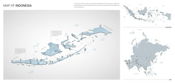 zestaw wektorów kraju indonezji.  mapa izometryczna 3d, mapa indonezji, mapa azji - z nazwami regionów, państwa i nazwami miast. - indonesia stock illustrations
