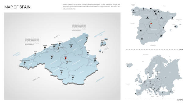 ilustraciones, imágenes clip art, dibujos animados e iconos de stock de conjunto vectorial del país español.  mapa 3d isométrico, mapa de españa, mapa de europa - con nombres de región, estado y ciudades. - spain