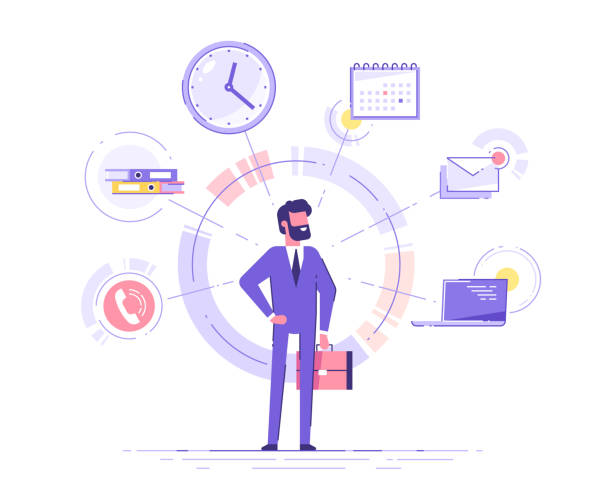 Businessman is standing and holding briefcase with office icons on the background. Multitasking and time management concept.  Effective management. Vector illustration. Businessman is standing and holding briefcase with office icons on the background. Multitasking and time management concept.  Effective management. Vector illustration. one young man only stock illustrations