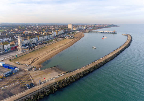 Aerial View Of Herne Bay Kent Drone View of Herne bay harbour Kent herne bay stock pictures, royalty-free photos & images