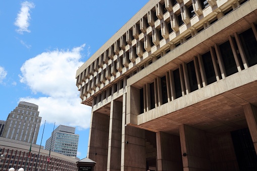 Controversial brutalist building of City Hall in Boston. It was completed in 1968 and is part of Government Center complex.