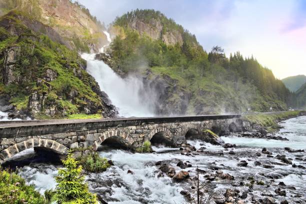 Latefossen waterfall in Hordaland, Norway. Old stone bridge.