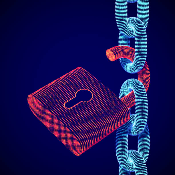 illustrations, cliparts, dessins animés et icônes de concept de sécurité et de confidentialité des données : cadenas ouvert numérique sur chaîne. - fermer à clef