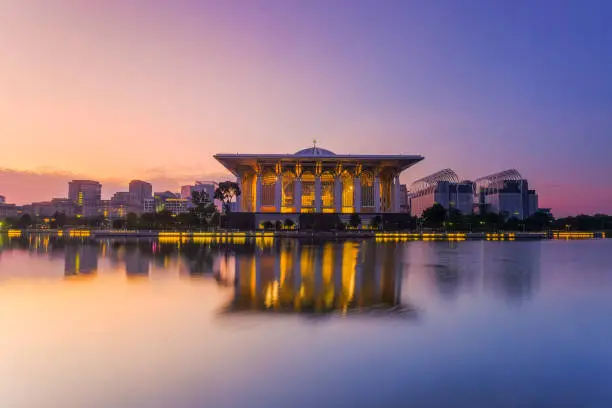 Photo of Beautiful sunrise view over Sultan Mizan Zainal Abidin mosque also known as masjid besi, located in Putrajaya, Malaysia.