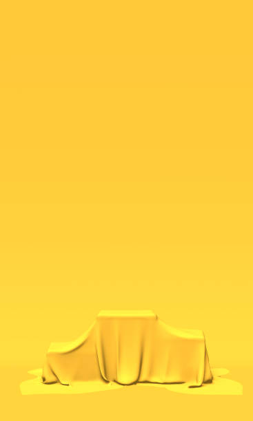istock Podium, pedestal or platform covered with gold cloth on yellow background. Abstract illustration of simple geometric shapes. 3D rendering. 1164169225