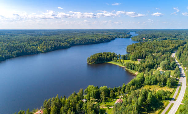 aerial view of blue lakes ,road and green forests on a sunny summer day in finland - coastline aerial view forest pond imagens e fotografias de stock