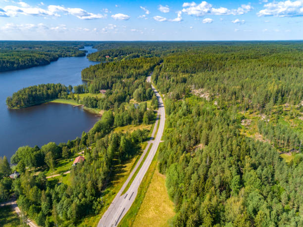 aerial view of blue lakes ,road and green forests on a sunny summer day in finland - coastline aerial view forest pond imagens e fotografias de stock