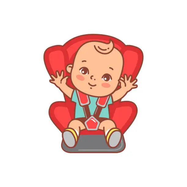 Vector illustration of Baby sitting in safety car seat.