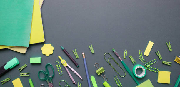 istock Flat lay of office, school stationery on grey background 1164170506