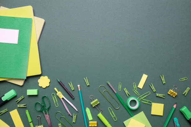 istock Flat lay of office, school stationery on grey background 1164170508