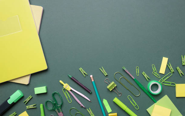 istock Flat lay of office, school stationery on grey background 1164170509