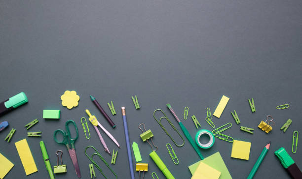 istock Flat lay of office, school stationery on grey background 1164170510