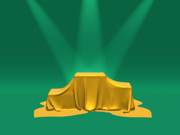 istock Podium, pedestal or platform covered with gold cloth illuminated by spotlights on green background. Abstract illustration of simple geometric shapes. 3D rendering. 1164171264