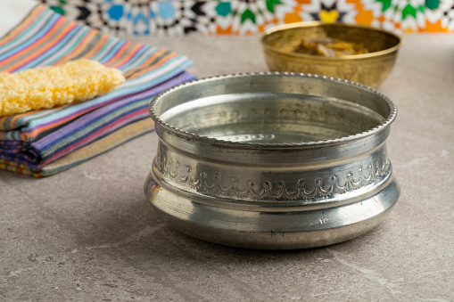 Decorated silver colored metal Hammam water bowl