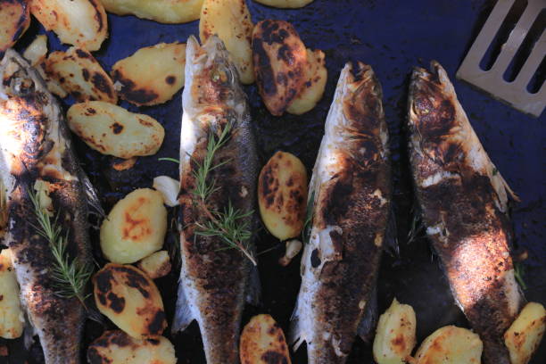 istock Fresh seabass fish grilled on a grill plate with potatoes 1164173355