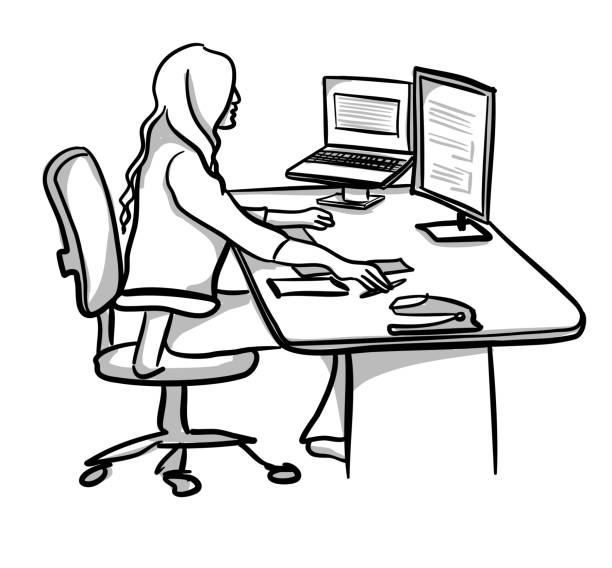 illustrazioni stock, clip art, cartoni animati e icone di tendenza di laptop lavoro da tavolo - office chair chair furniture scribble
