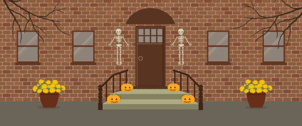 ilustraciones, imágenes clip art, dibujos animados e iconos de stock de porche, decorado para halloween. front porch decoraciones de halloween - front porch