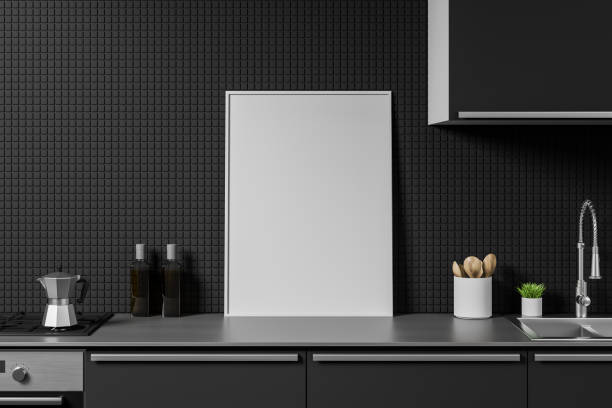 istock Mock up poster on dark gray kitchen countertop 1164178126