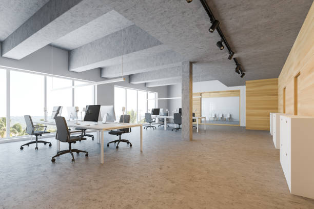 istock Wooden and white open space office with lounge 1164178278