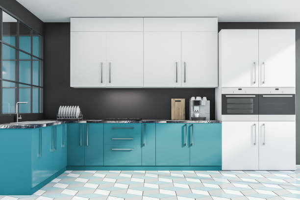 istock Black and blue kitchen interior with countertops 1164179415