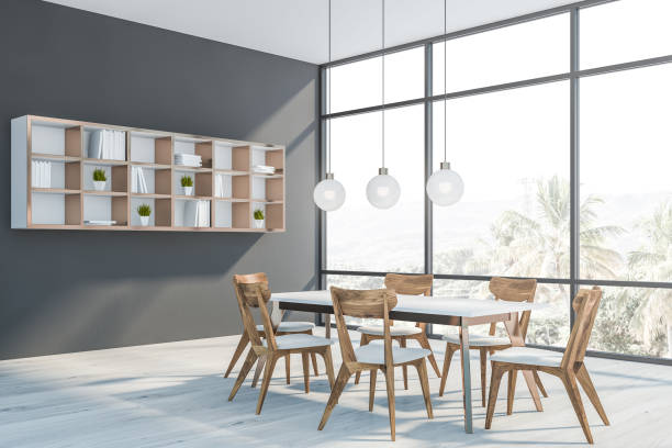 istock Gray dining room corner with shelves 1164179506